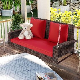 GO 2-Person Wicker Hanging Porch Swing with Chains; Cushion; Pillow; Rattan Swing Bench for Garden; Backyard; Pond. (Brown Wicker; Red Cushion)