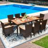 9 Pieces Ratten Dining Set with Acacia Wood Table and Stackable Cushioned Chairs for Backyard and Garden