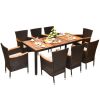 9 Pieces Ratten Dining Set with Acacia Wood Table and Stackable Cushioned Chairs for Backyard and Garden