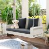 GO 2-Person Wicker Hanging Porch Swing with Chains; Cushion; Pillow; Rattan Swing Bench for Garden; Backyard; Pond. (White Wicker; Gray Cushion)