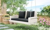 GO 2-Person Wicker Hanging Porch Swing with Chains; Cushion; Pillow; Rattan Swing Bench for Garden; Backyard; Pond. (White Wicker; Gray Cushion)