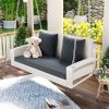 GO 2-Person Wicker Hanging Porch Swing with Chains; Cushion; Pillow; Rattan Swing Bench for Garden; Backyard; Pond. (White Wicker; Gray Cushion)