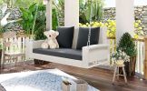 GO 2-Person Wicker Hanging Porch Swing with Chains; Cushion; Pillow; Rattan Swing Bench for Garden; Backyard; Pond. (White Wicker; Gray Cushion)