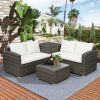 4 PCS Outdoor Cushioned PE Rattan Wicker Sectional Sofa Set Garden Patio Furniture Set (Beige Cushion)