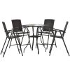 Outdoor Patio PE Wicker 5-Piece Counter Height Dining Table Set with Umbrella Hole and 4 Foldable Chairs, Brown