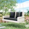 GO 2-Person Wicker Hanging Porch Swing with Chains; Cushion; Pillow; Rattan Swing Bench for Garden; Backyard; Pond. (White Wicker; Gray Cushion)