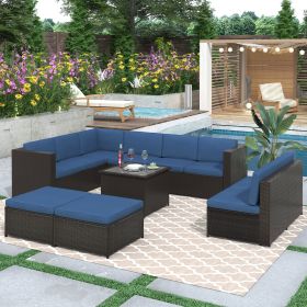 9 Piece Rattan Sectional Seating Group with Cushions and Ottoman, Patio Furniture Sets, Outdoor Wicker Sectional (Color: Blue)