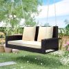 2-Person Wicker Hanging Porch Swing with Chains; Cushion; Pillow; Rattan Swing Bench for Garden; Backyard; Pond. (Brown Wicker; Beige Cushion)