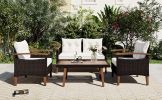 4-Piece Garden Furniture; Patio Seating Set; PE Rattan Outdoor Sofa Set; Wood Table and Legs; Brown and Beige