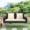 2-Person Wicker Hanging Porch Swing with Chains; Cushion; Pillow; Rattan Swing Bench for Garden; Backyard; Pond. (Brown Wicker; Beige Cushion)